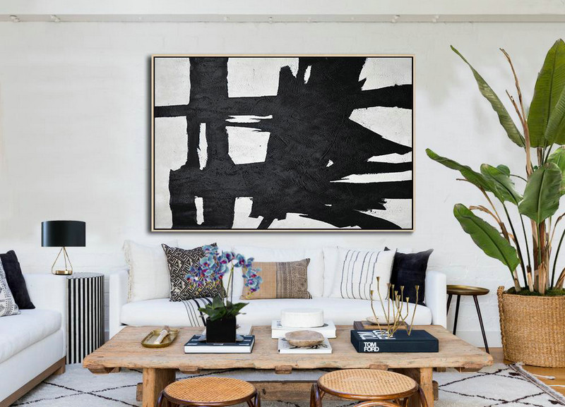 Canvas Artwork For Sale,Horizontal Minimal Painting On Canvas, Black, White And Grey Textured Art - Acrylic Minimailist Painting